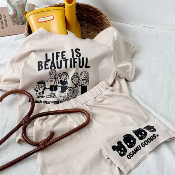 เสื้อยืดแขนสั้นพิมพ์ลายน่ารักกางเกงขาสั้น สีแอปริคอท