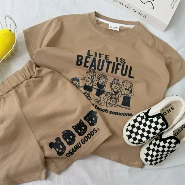 เสื้อยืดแขนสั้นพิมพ์ลายน่ารักกางเกงขาสั้น สีกากี
